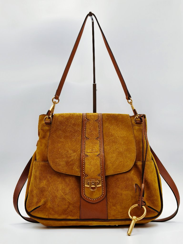 Chlo Suede Leather Shoulder Crossbody Bag Mustard Gold Medium